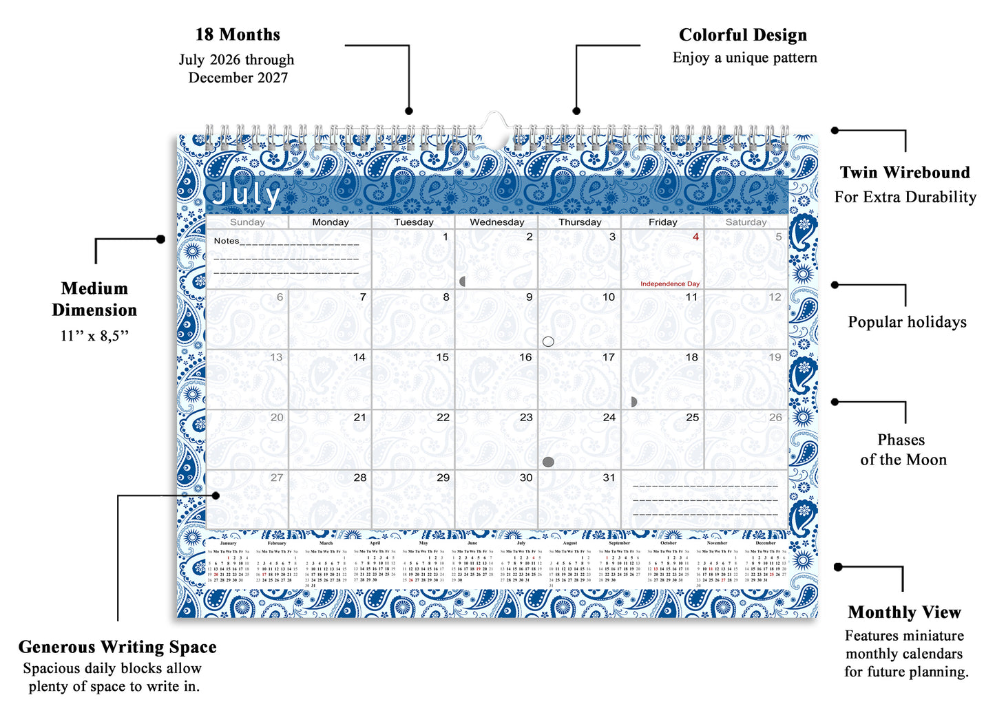 2026-2027 Monthly Spiral-Bound Wall / Desk Calendar - Desktop / Wall Blotter Calendar / Planner - (Edition #21)