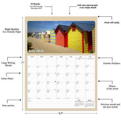 2026 - 2027 Calendar Magnetic Peel & Stick 18 Months Planner 8.5" x 11" Beaches