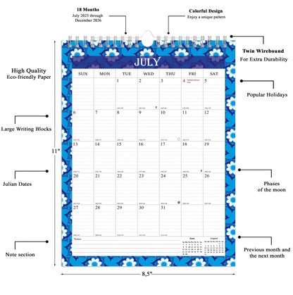 2025-2026 Wall Calendar Spiral-bound Twin-Wire Binding - 18 Months 8.5" x 11" 014