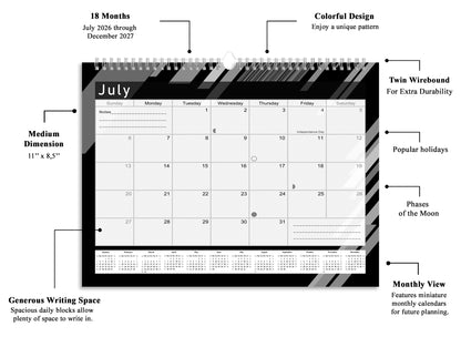 2026-2027 Monthly Spiral-Bound Wall/Desk Calendar - Desktop/Wall Blotter Calendar/Planner - (Edition B&W #013)