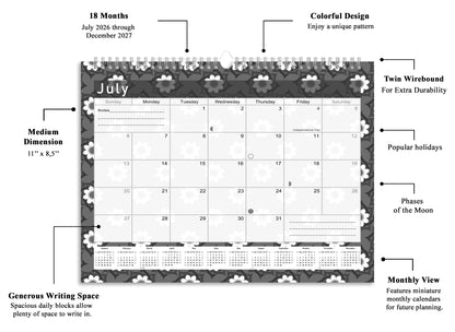 2026-2027 Monthly Spiral-Bound Wall/Desk Calendar - Desktop/Wall Blotter Calendar/Planner - (Edition B&W #017)