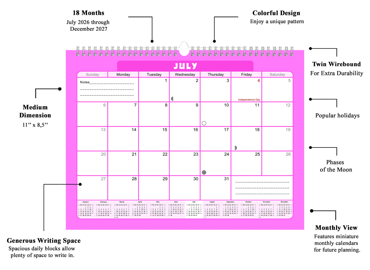 2026-2027 Monthly Spiral-Bound Wall / Desk Calendar - Desktop / Wall Blotter Calendar / Planner - (Edition #07)