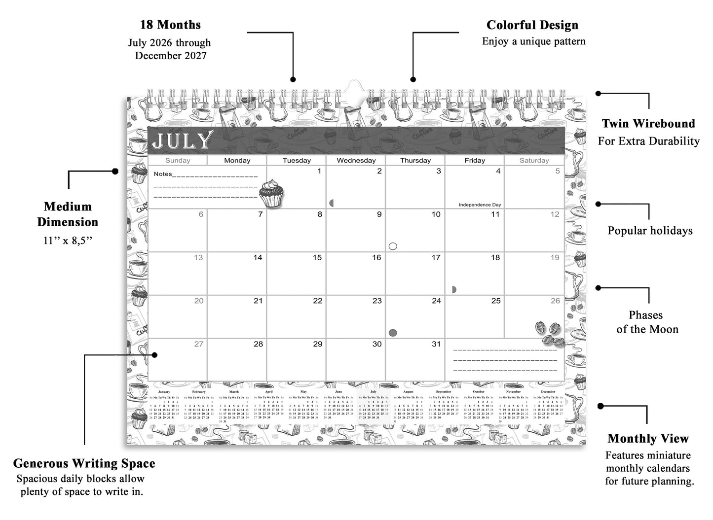 2026-2027 Monthly Spiral-Bound Wall/Desk Calendar - Desktop/Wall Blotter Calendar/Planner - (Edition B&W #030)