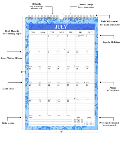 2025-2026 Wall Calendar Spiral-bound Twin-Wire Binding - 18 Months 11" x 17" 015