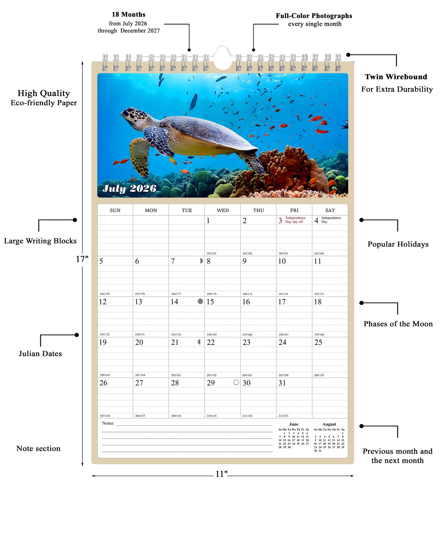 2026 - 2027 Wall Calendar Spiral-bound Twin-Wire Binding - 18 Months Planner - Large Ruled Blocks with Julian Dates - (Turtles)