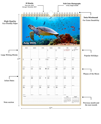 2026 - 2027 Wall Calendar Spiral-bound Twin-Wire Binding - 18 Months Planner - Large Ruled Blocks with Julian Dates - (Turtles)