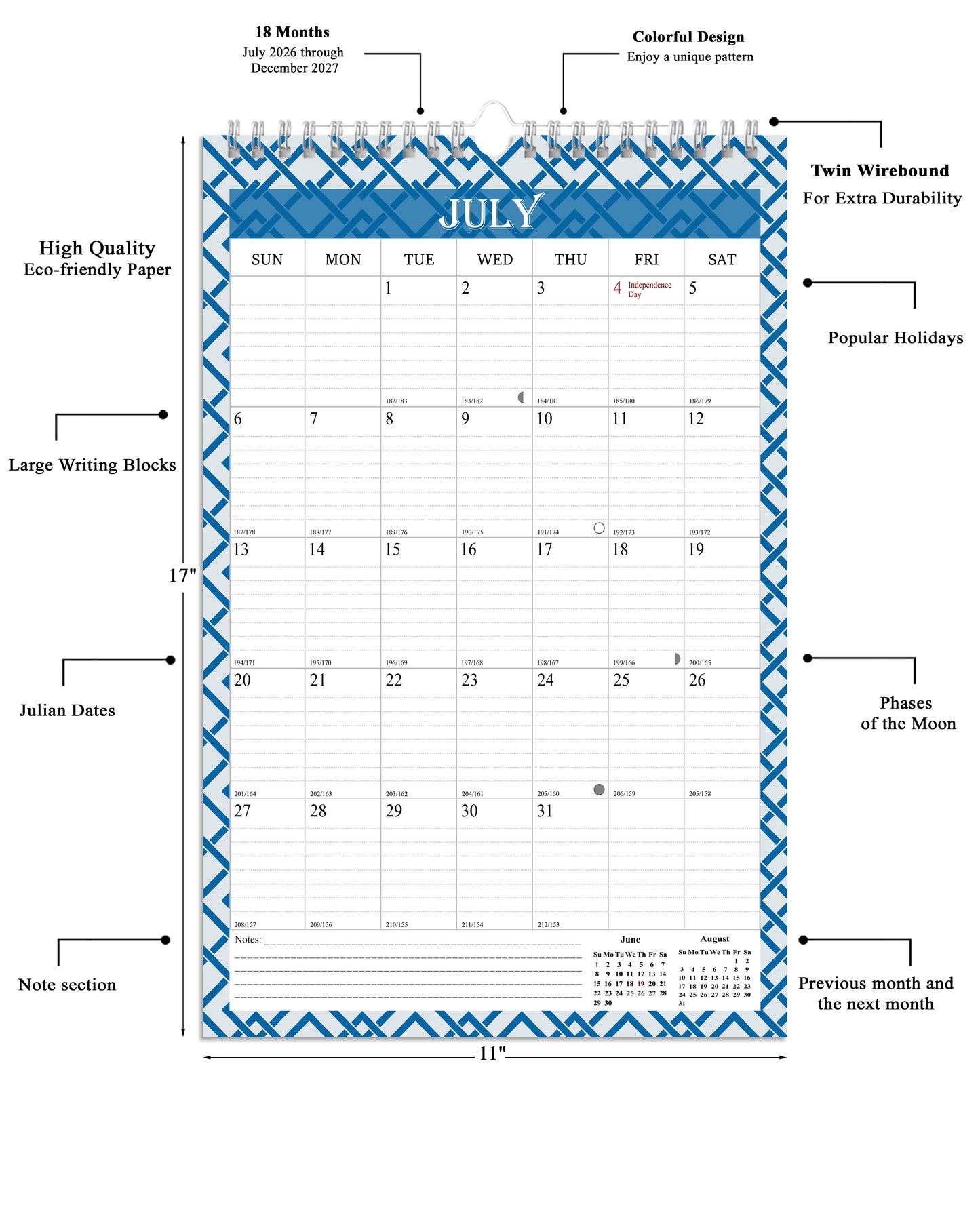 2026-2027 Wall Calendar Spiral-bound Twin-Wire Binding - 18 Months 11" x 17" 03