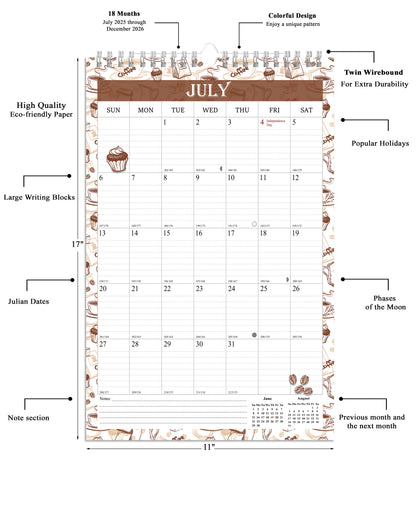 2025-2026 Wall Calendar Spiral-bound Twin-Wire Binding - 18 Months 11" x 17" 010