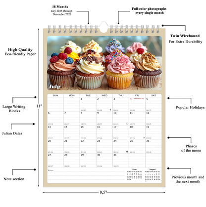 2025 - 2026 Wall Calendar Spiral-bound Twin-Wire Binding - 18 Months Planner - Large Ruled Blocks with Julian Dates - (Cupcakes)