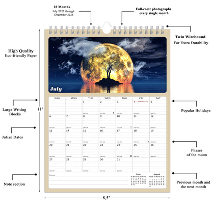 2025 - 2026 Wall Calendar Spiral-bound Twin-Wire Binding - 18 Months Planner - Large Ruled Blocks with Julian Dates - (Lunar)