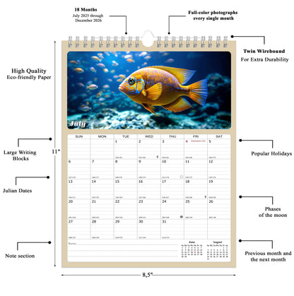2025 - 2026 Wall Calendar Spiral-bound Twin-Wire Binding - 18 Months Planner - Large Ruled Blocks with Julian Dates - (Tropical Fishes)