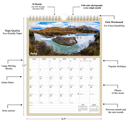 2025 - 2026 Wall Calendar Spiral-bound Twin-Wire Binding - 18 Months Planner - Large Ruled Blocks with Julian Dates - (National Parks)