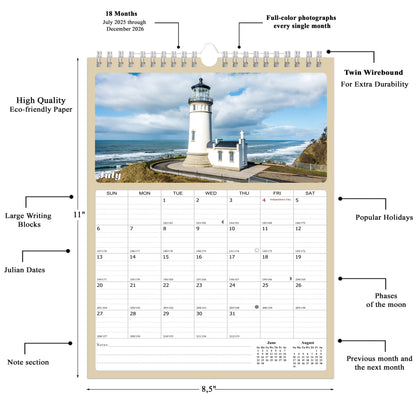 2025 - 2026 Wall Calendar Spiral-bound Twin-Wire Binding - 18 Months Planner - Large Ruled Blocks with Julian Dates - (Lighthouses)