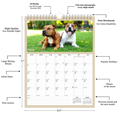 2025 - 2026 Wall Calendar Spiral-bound Twin-Wire Binding - 18 Months Planner - Large Ruled Blocks with Julian Dates - (Dogs)