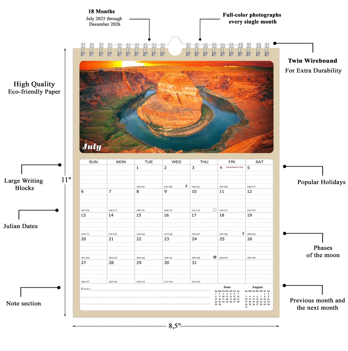 2025 - 2026 Wall Calendar Spiral-bound Twin-Wire Binding - 18 Months Planner - Large Ruled Blocks with Julian Dates - (Sunset&Sunrise)