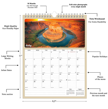 2025 - 2026 Wall Calendar Spiral-bound Twin-Wire Binding - 18 Months Planner - Large Ruled Blocks with Julian Dates - (Sunset&Sunrise)