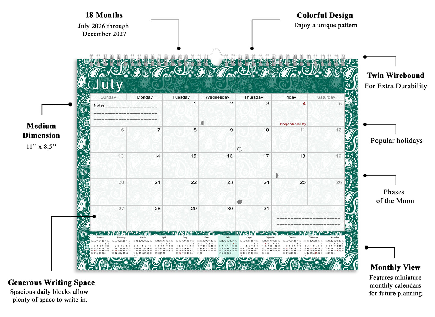 2026-2027 Monthly Spiral-Bound Wall / Desk Calendar - Desktop / Wall Blotter Calendar / Planner - (Edition #24)