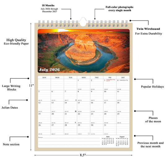 2026 - 2027 Wall Calendar Spiral-bound Twin-Wire Binding - 18 Months Planner - Large Ruled Blocks with Julian Dates - (Sunset&Sunrise)