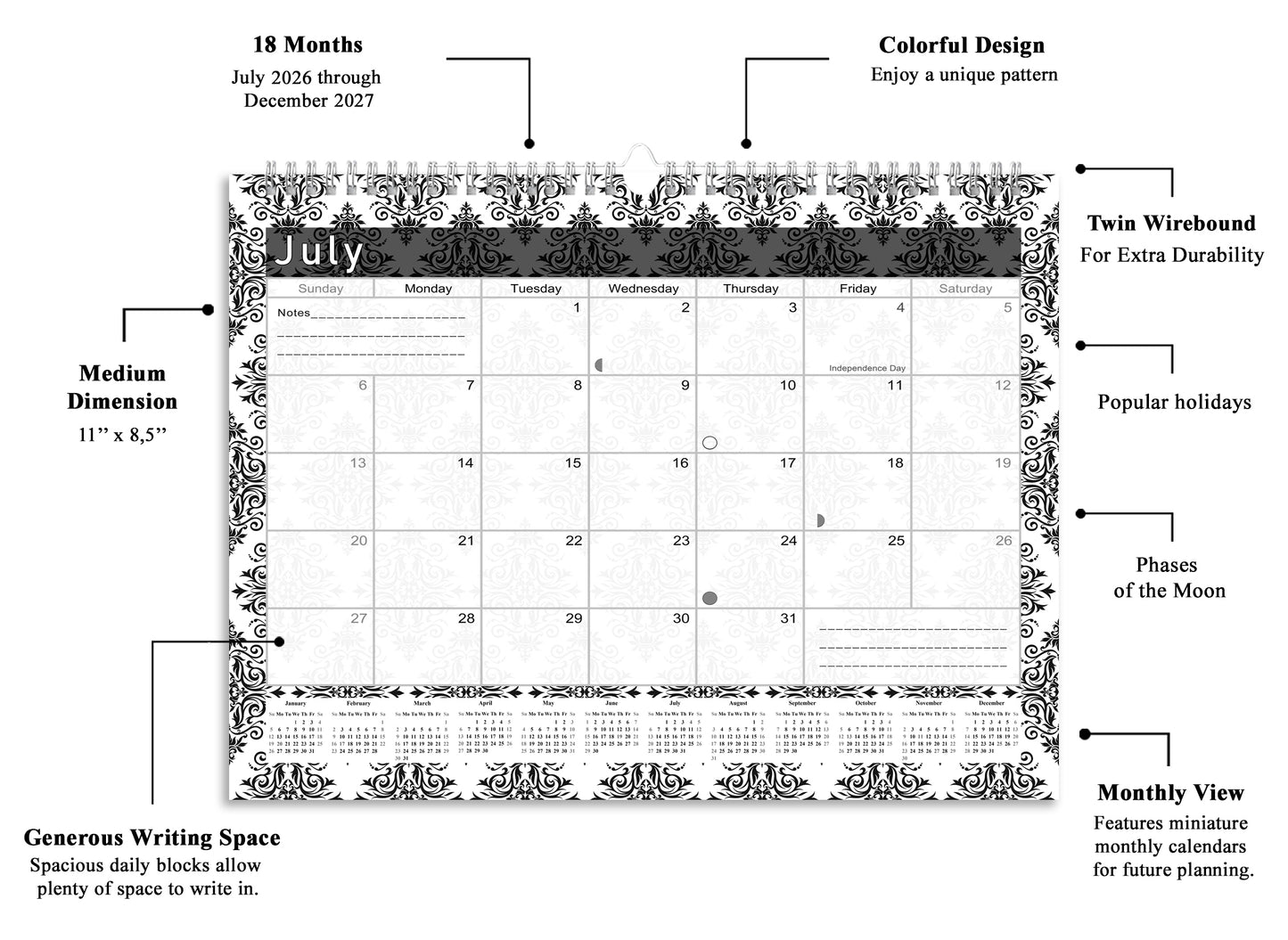 2026-2027 Monthly Spiral-Bound Wall / Desk Calendar - Desktop / Wall Blotter Calendar / Planner - (Edition #08)