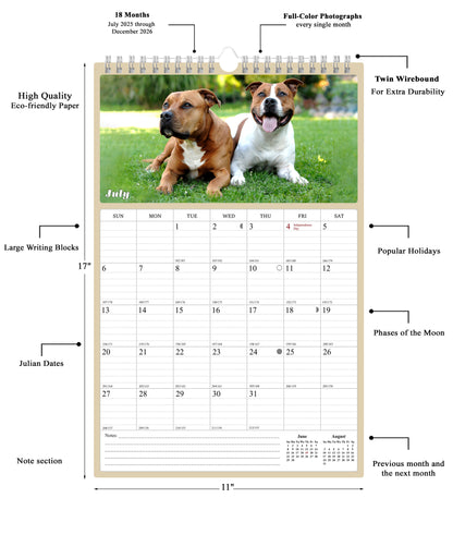 2025 - 2026 Wall Calendar Spiral-bound Twin-Wire Binding - 18 Months Planner - Large Ruled Blocks with Julian Dates - (Dogs)