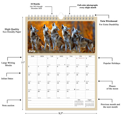 2025-2026 Wall Calendar Spiral-bound Twin-Wire Binding - 18 Months Planner - Large Ruled Blocks with Julian Dates - (Woolfs)