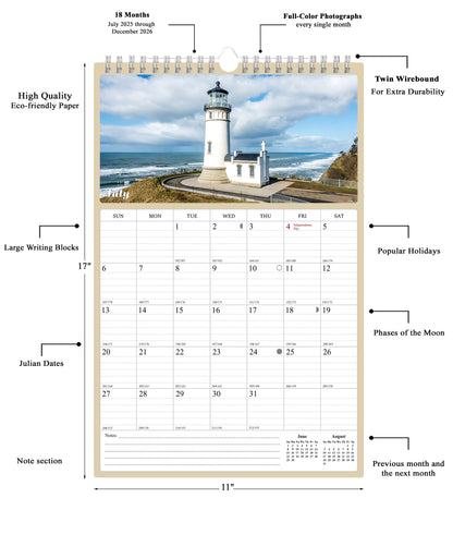 2025 - 2026 Wall Calendar Spiral-bound Twin-Wire Binding - 18 Months Planner - Large Ruled Blocks with Julian Dates - (Lighthouses)