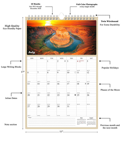 2025 - 2026 Wall Calendar Spiral-bound Twin-Wire Binding - 18 Months Planner - Large Ruled Blocks with Julian Dates - (Sunset&Sunrise)