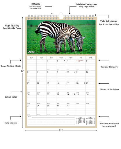 2025 - 2026 Wall Calendar Spiral-bound Twin-Wire Binding - 18 Months Planner - Large Ruled Blocks with Julian Dates - (Baby Animals)