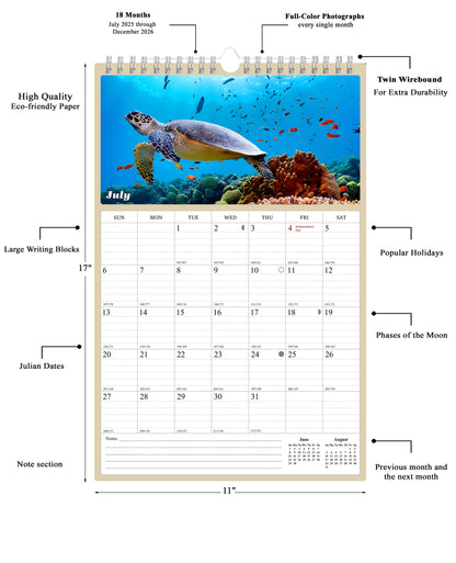 2025 - 2026 Wall Calendar Spiral-bound Twin-Wire Binding - 18 Months Planner - Large Ruled Blocks with Julian Dates - (Turtles)