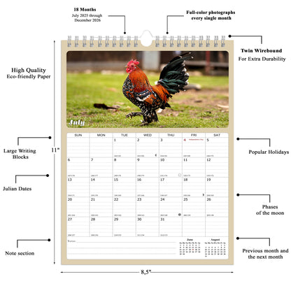 2025 - 2026 Wall Calendar Spiral-bound Twin-Wire Binding - 18 Months Planner - Large Ruled Blocks with Julian Dates - (Roosters)