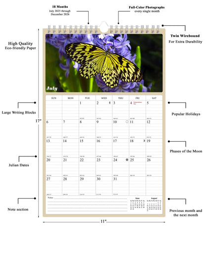 2025 - 2026 Wall Calendar Spiral-bound Twin-Wire Binding - 18 Months Planner - Large Ruled Blocks with Julian Dates - (Buterflyes)