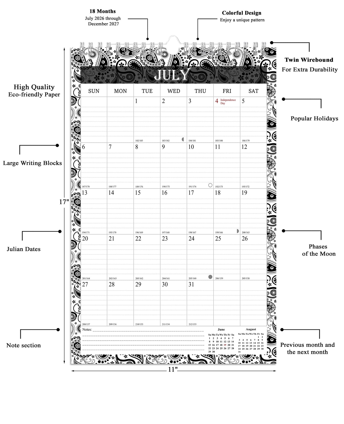 2026-2027 Wall Calendar Spiral-bound Twin-Wire Binding - 18 Months 11" x 17" 06