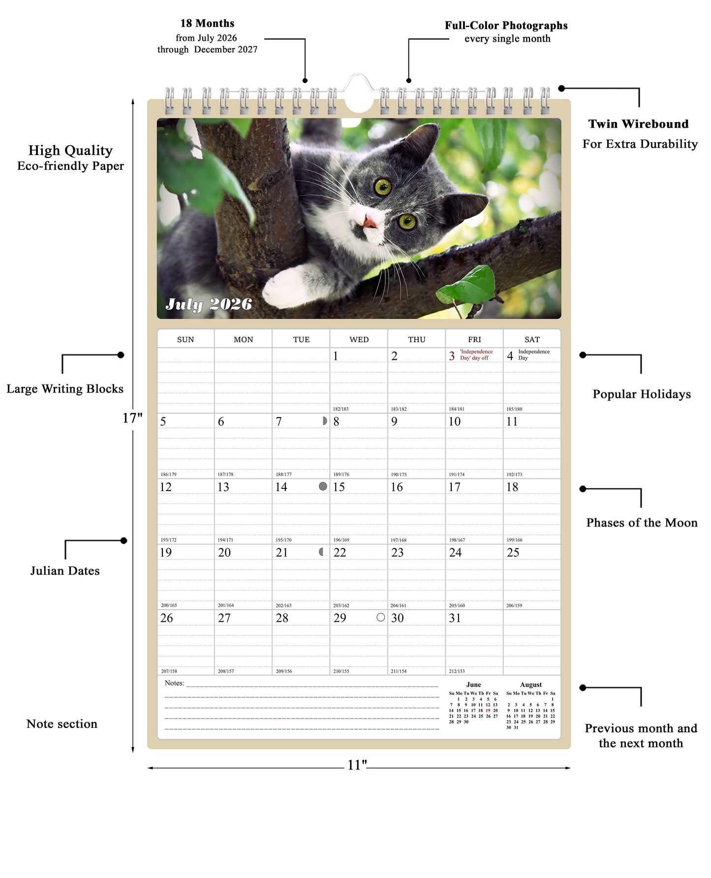 2026 - 2027 Wall Calendar Spiral-bound Twin-Wire Binding - 18 Months Planner - Large Ruled Blocks with Julian Dates - (Cats)