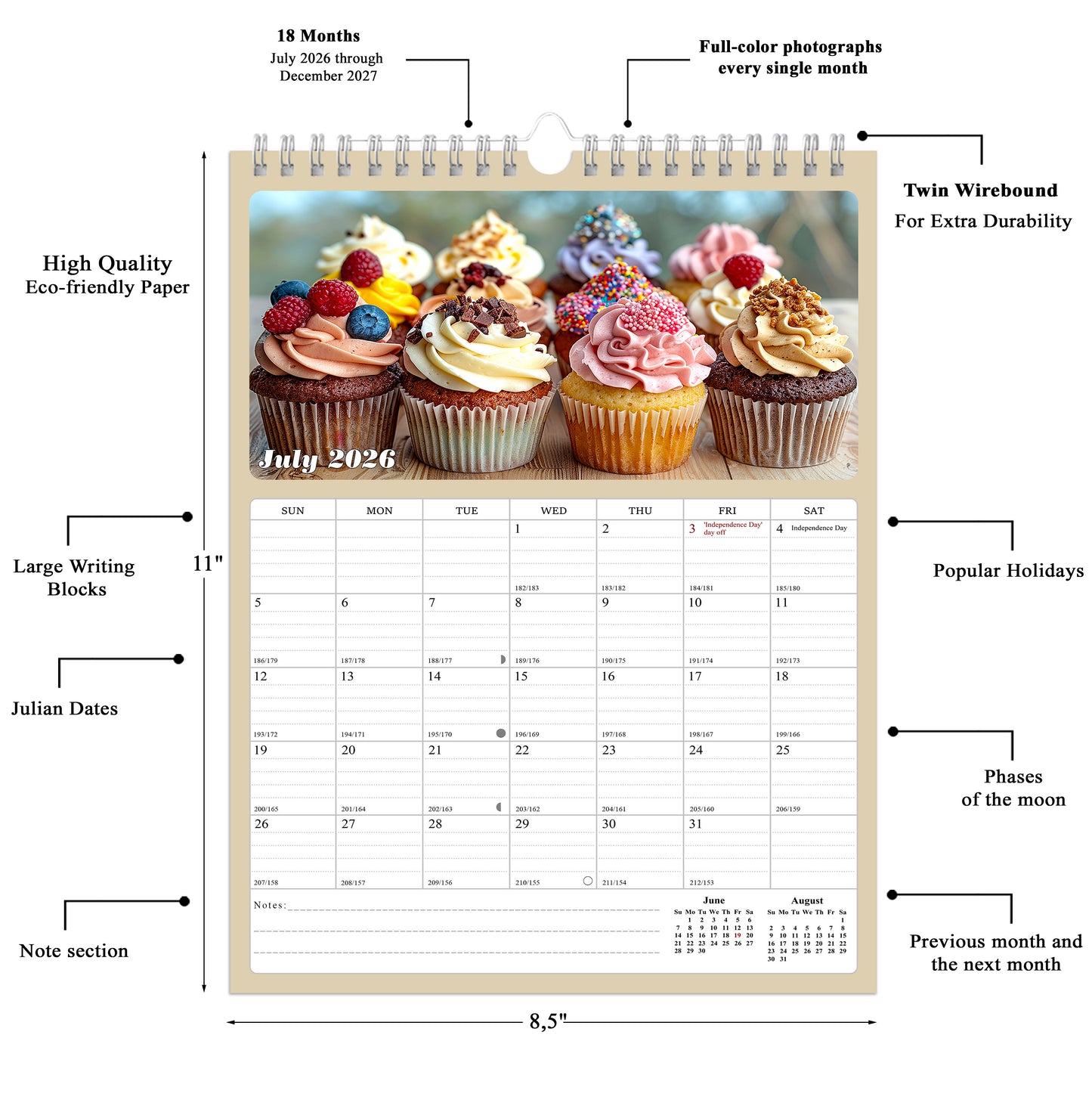2026 - 2027 Calendar Magnetic Peel & Stick 18 Months 8.5" x 11" Cupcakes