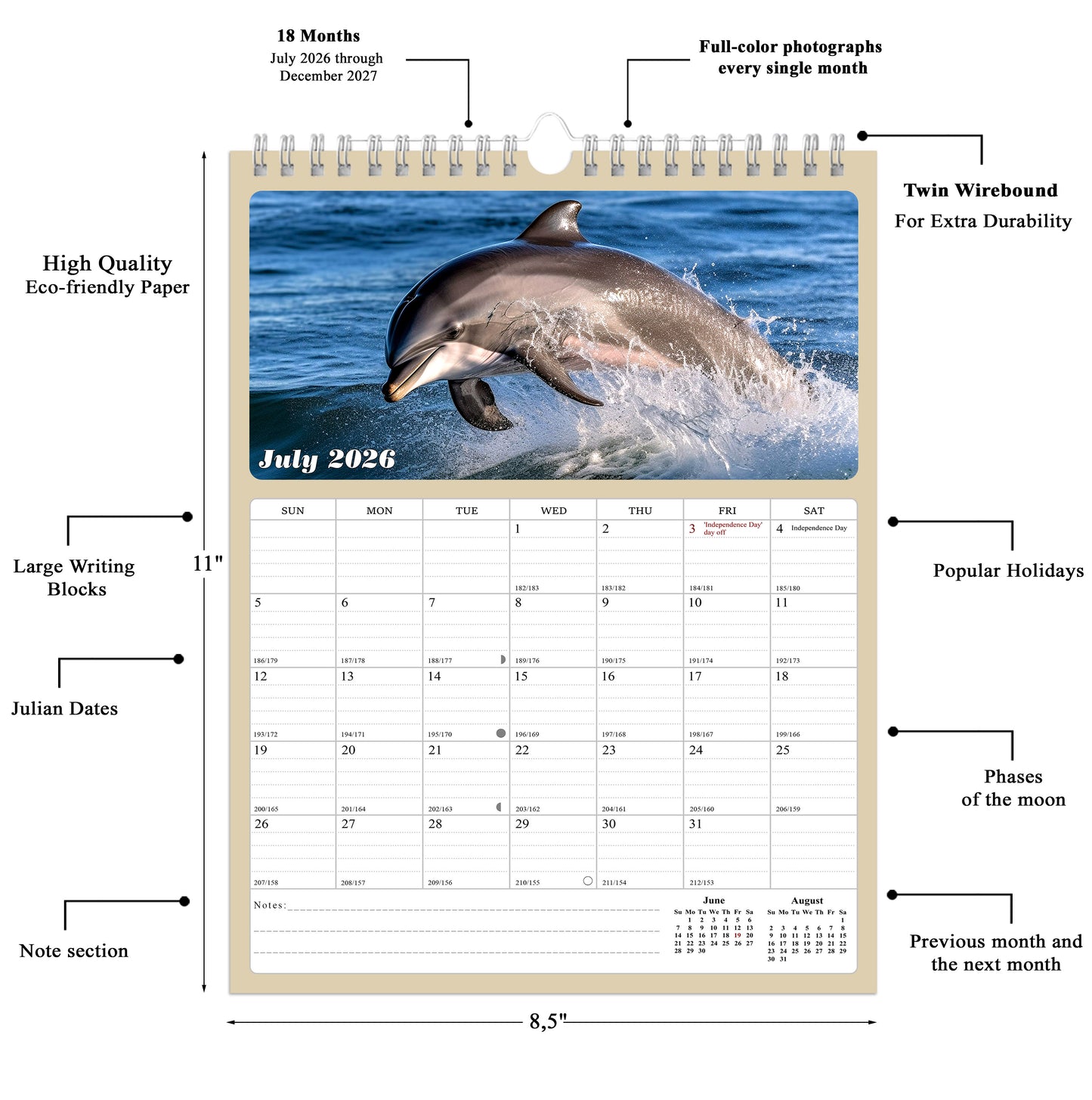 2026 - 2027 Calendar Magnetic Peel & Stick 18 Months 8.5" x 11" Dolphins