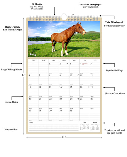2025 - 2026 Wall Calendar Spiral-bound Twin-Wire Binding - 18 Months Planner - Large Ruled Blocks with Julian Dates - (Horses)