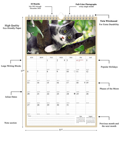 2025 - 2026 Wall Calendar Spiral-bound Twin-Wire Binding - 18 Months Planner - Large Ruled Blocks with Julian Dates - (Cats)