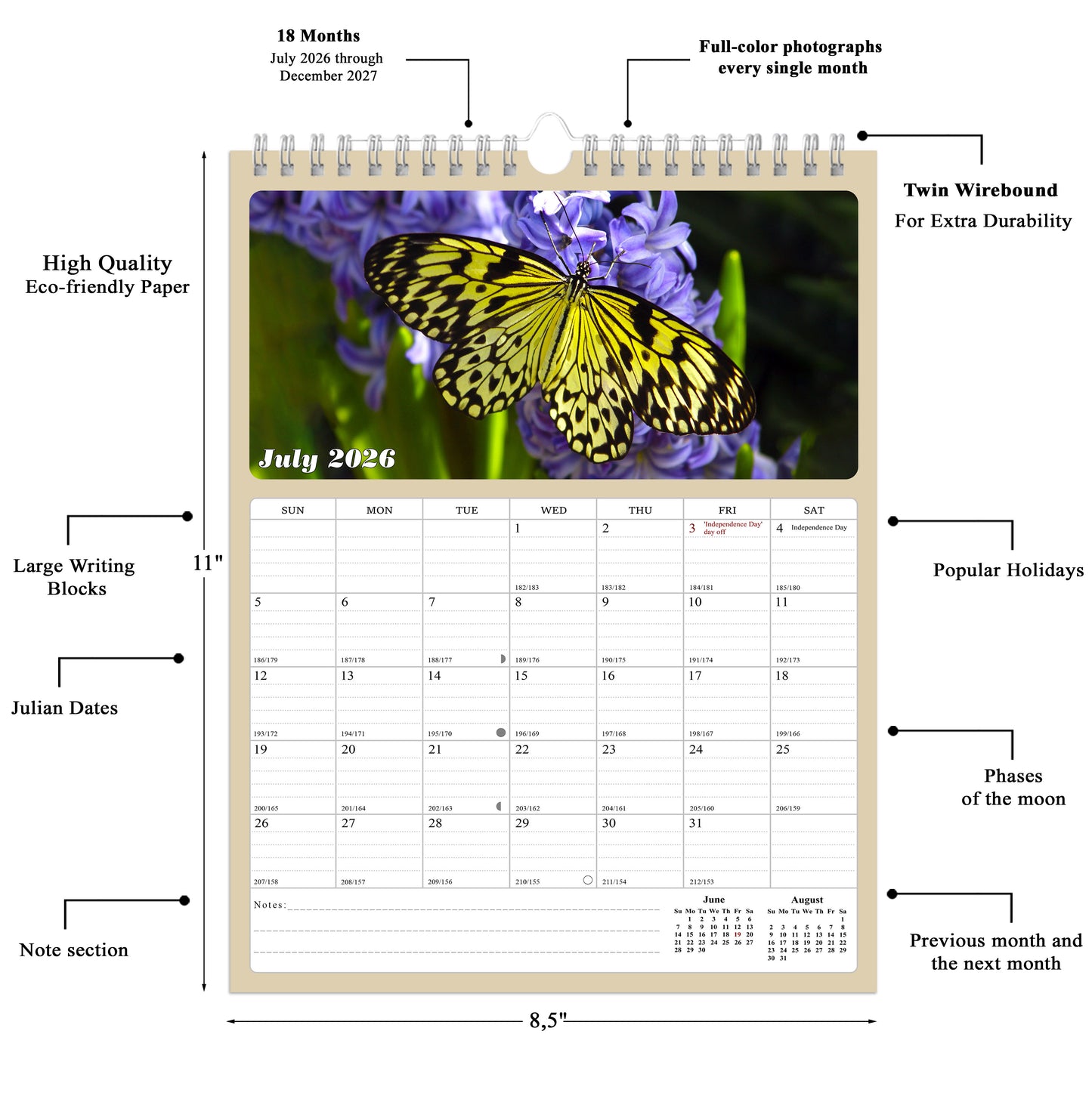 2027 Wall Calendar Spiral-bound Twin-Wire Binding - 12 Months Planner - Large Ruled Blocks with Julian Dates - (Butterfly)
