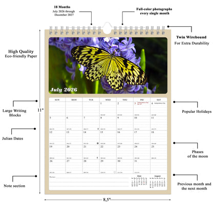 2027 Wall Calendar Spiral-bound Twin-Wire Binding - 12 Months Planner - Large Ruled Blocks with Julian Dates - (Butterfly)