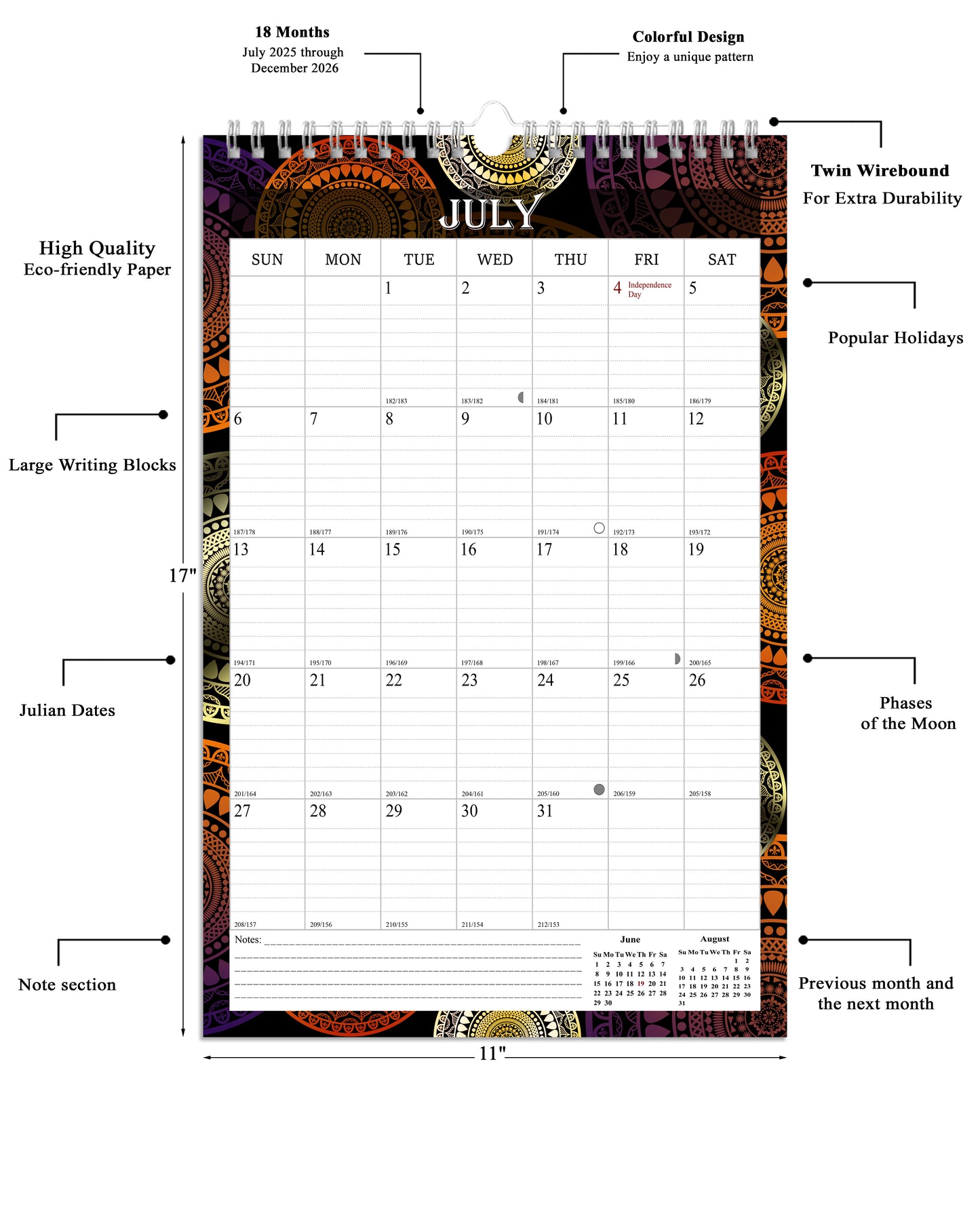 2025-2026 Wall Calendar Spiral-bound Twin-Wire Binding - 18 Months 11" x 17" 09