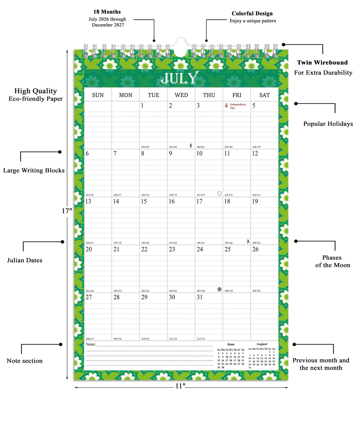 2026-2027 Wall Calendar Spiral-bound Twin-Wire Binding - 18 Months 11" x 17" 013