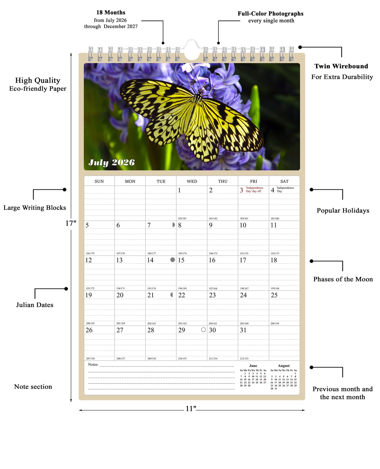 2026 - 2027 Wall Calendar Spiral-bound Twin-Wire Binding - 18 Months Planner - Large Ruled Blocks with Julian Dates - (Buterflyes)