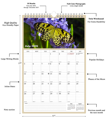 2026 - 2027 Wall Calendar Spiral-bound Twin-Wire Binding - 18 Months Planner - Large Ruled Blocks with Julian Dates - (Buterflyes)