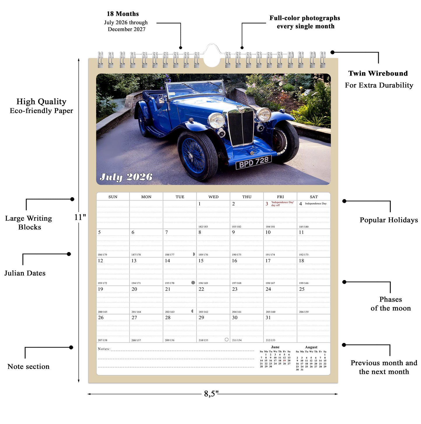 2026 - 2027 Calendar Magnetic Peel & Stick 18 Months 8.5" x 11" Classic Cars