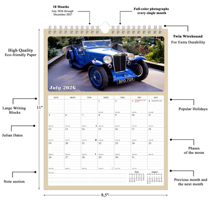 2026 - 2027 Calendar Magnetic Peel & Stick 18 Months 8.5" x 11" Classic Cars