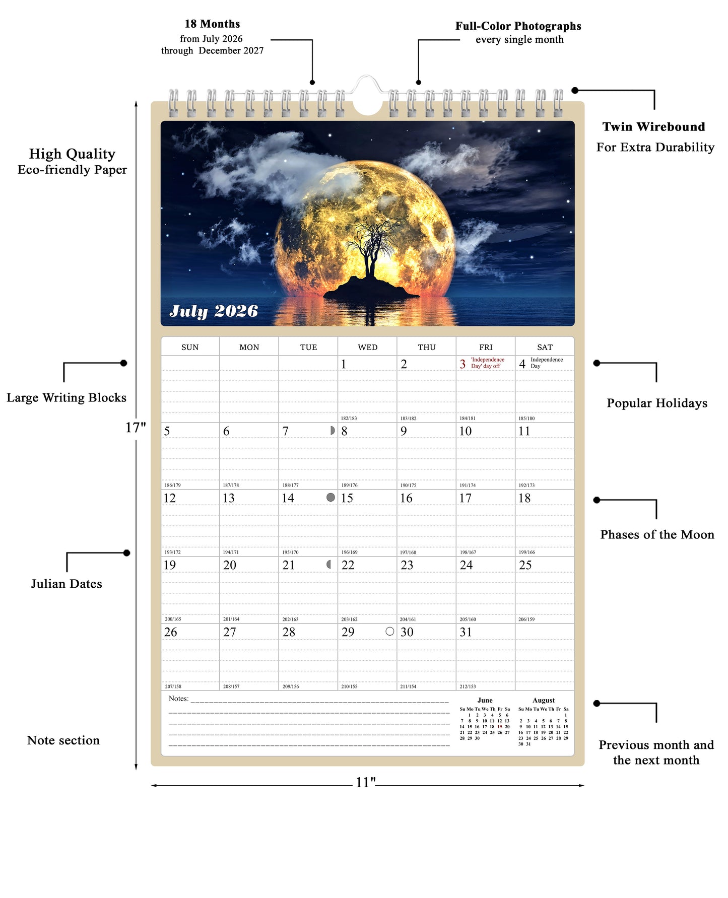 2026 - 2027 Wall Calendar Spiral-bound Twin-Wire Binding - 18 Months Planner - Large Ruled Blocks with Julian Dates - (Lunar)