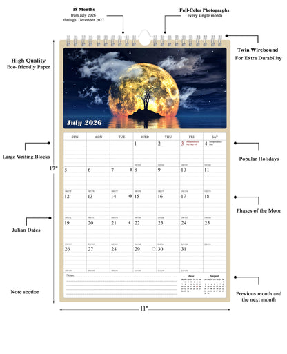 2026 - 2027 Wall Calendar Spiral-bound Twin-Wire Binding - 18 Months Planner - Large Ruled Blocks with Julian Dates - (Lunar)