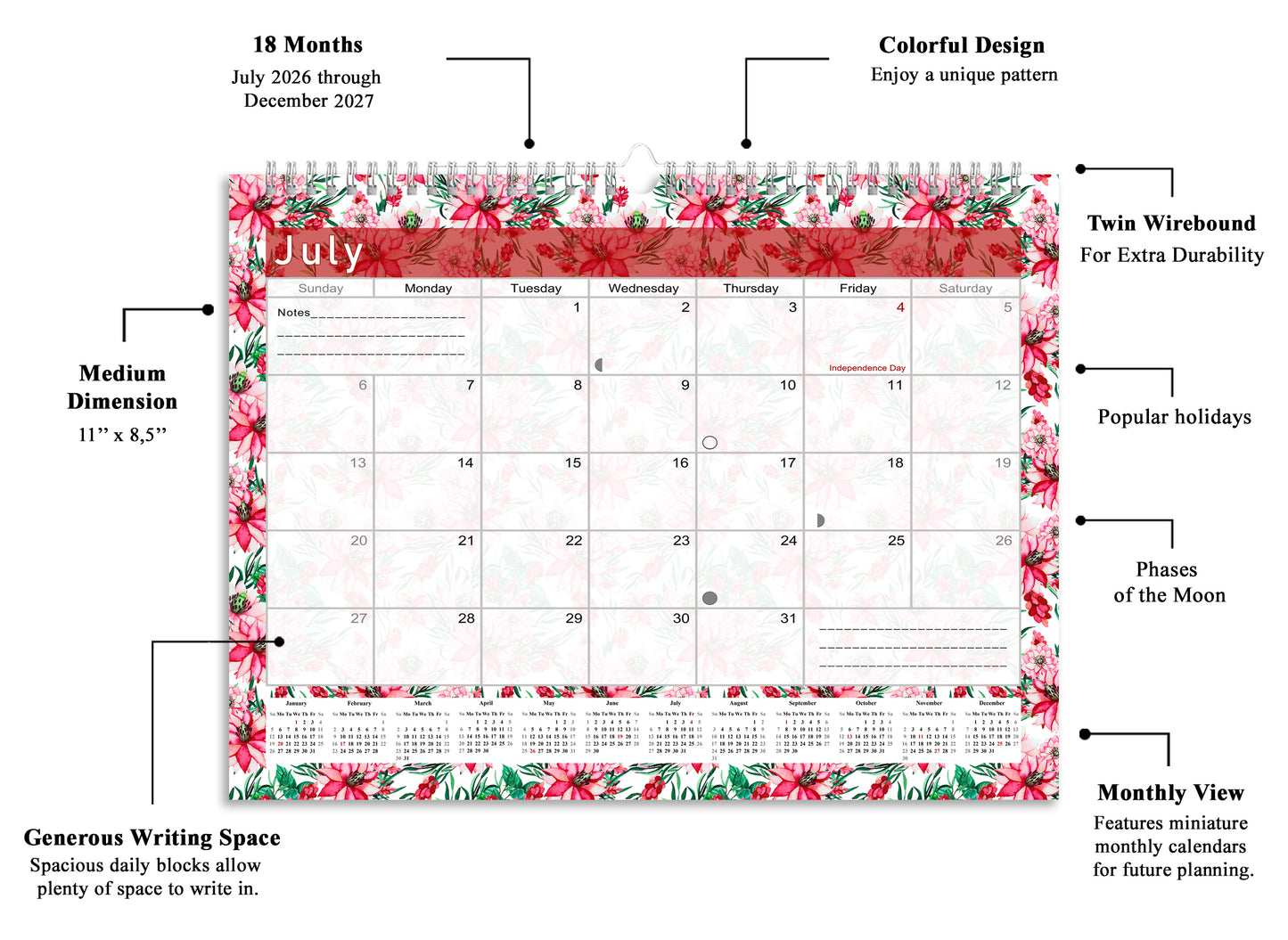 2026-2027 Monthly Spiral-Bound Wall / Desk Calendar - Desktop / Wall Blotter Calendar / Planner - (Edition #22)