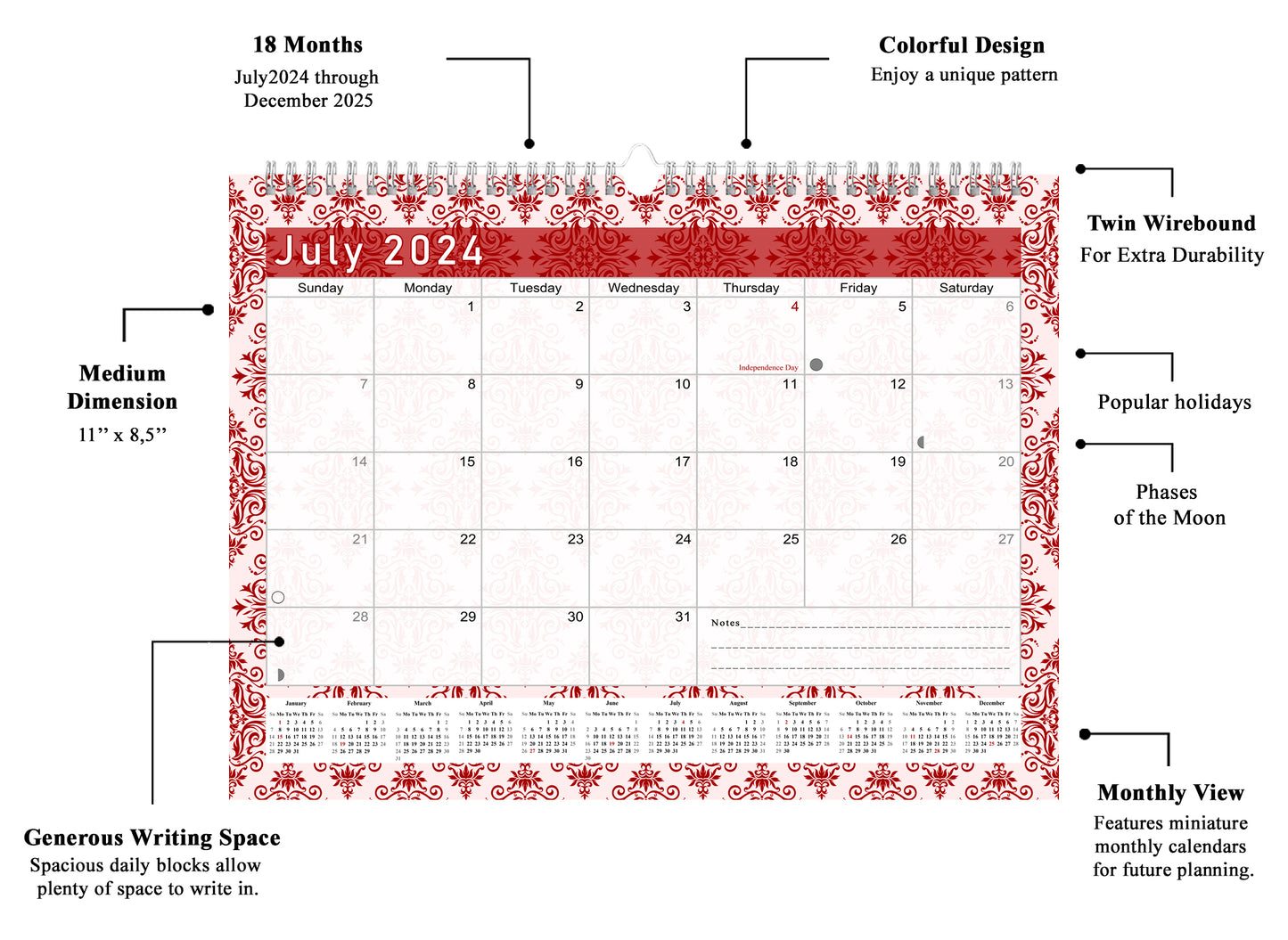 2024-2025 Monthly Spiral-Bound Wall / Desk Calendar - Desktop / Wall Blotter Calendar / Planner - (Edition #05)