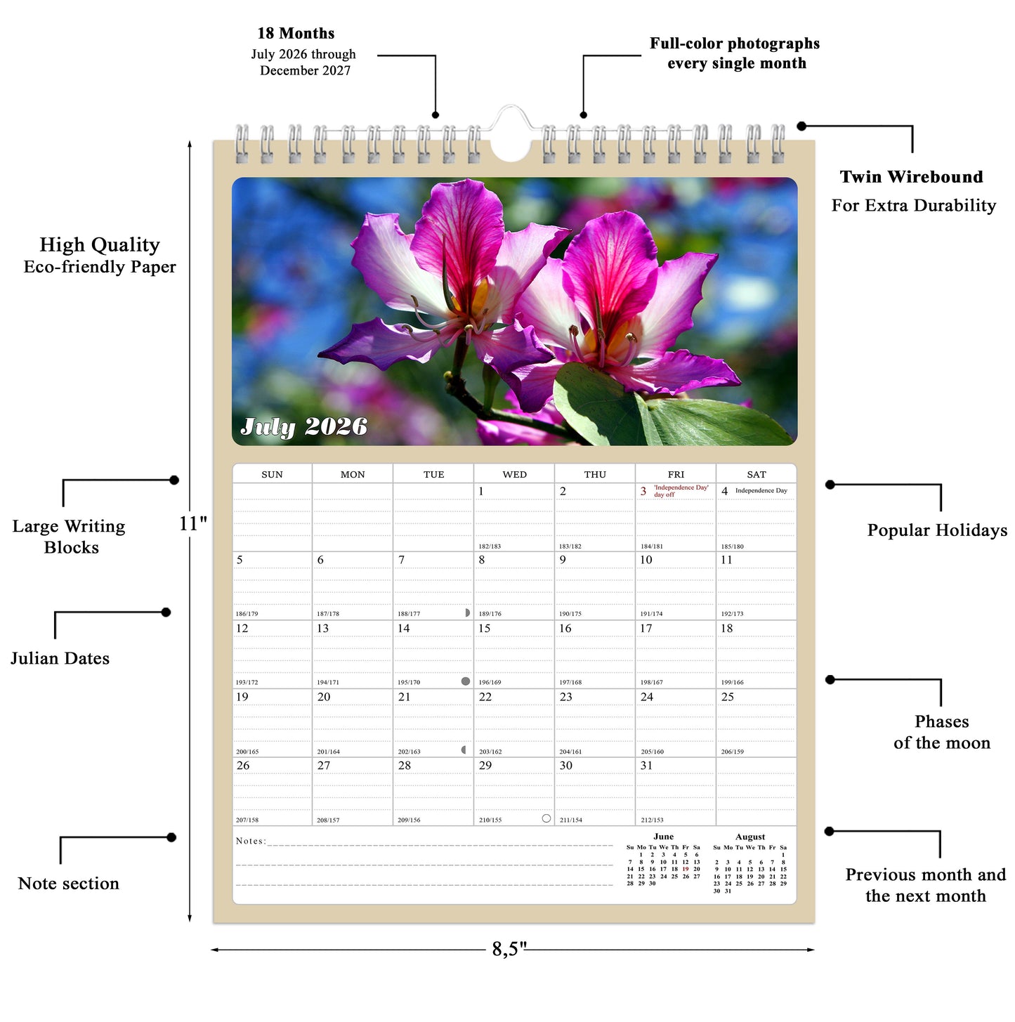 2026 - 2027 Calendar Magnetic Peel & Stick 18 Months 8.5" x 11" Flowers